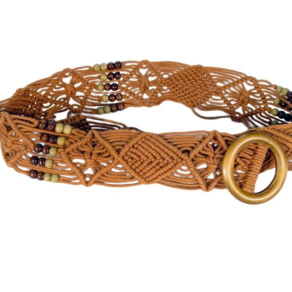 ARTISAN Handmade Wide Macrame Beaded Belt Wooden Buckle O/S - Picture 2 of 4